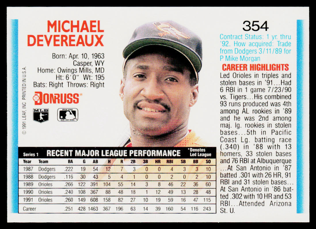 Mike Devereaux 1992 Donruss #354b Baltimore Orioles