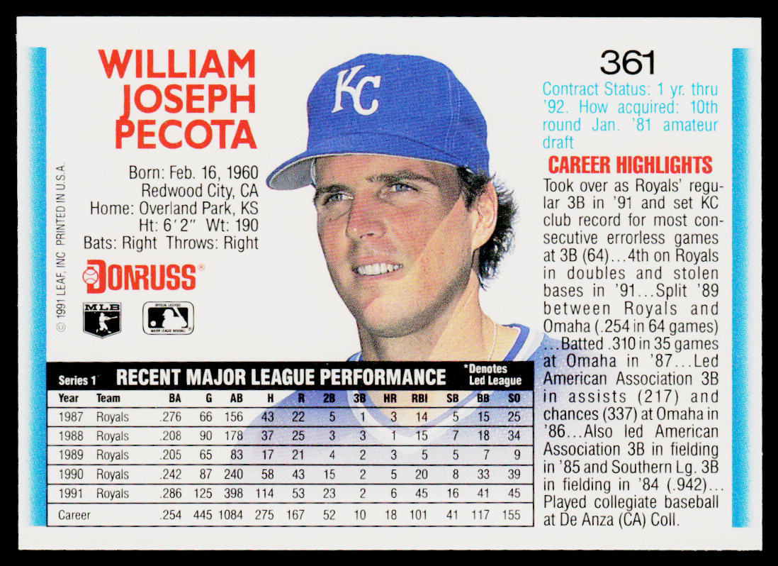 Bill Pecota 1992 Donruss #361 Kansas City Royals