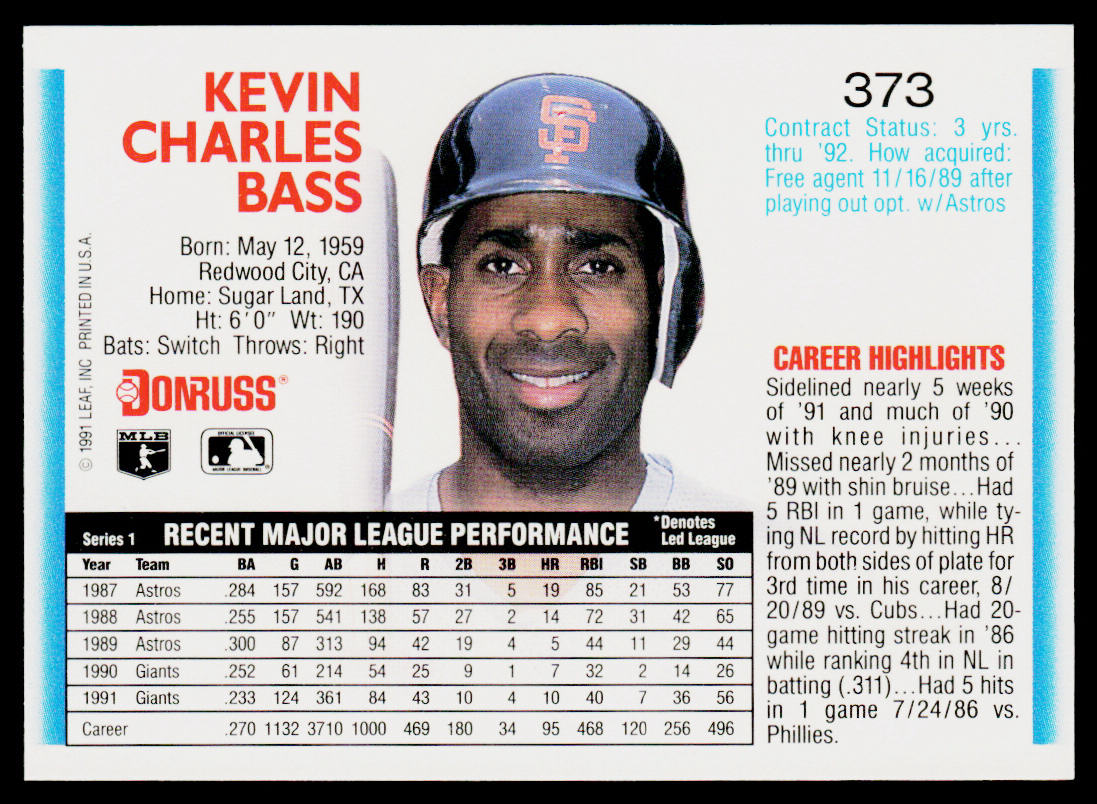Kevin Bass 1992 Donruss #373b San Francisco Giants