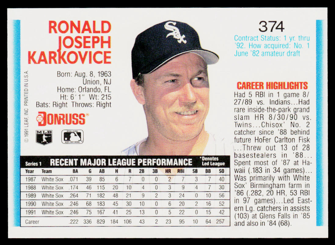 Ron Karkovice 1992 Donruss #374 Chicago White Sox