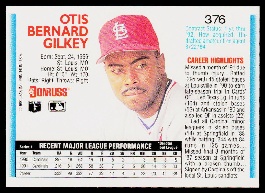 Bernard Gilkey 1992 Donruss #376b St. Louis Cardinals