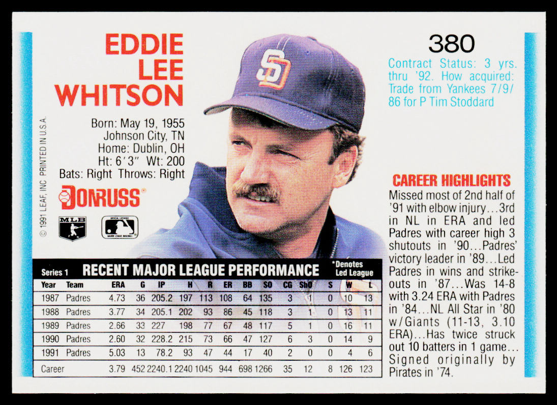 Ed Whitson 1992 Donruss #380 San Diego Padres