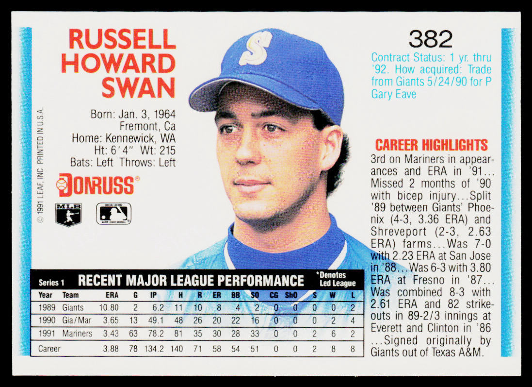 Russ Swan 1992 Donruss #382 Seattle Mariners