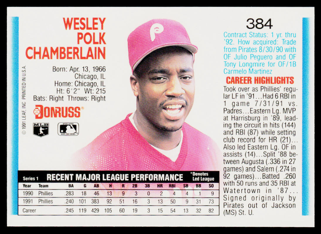 Wes Chamberlain 1992 Donruss #384 Philadelphia Phillies