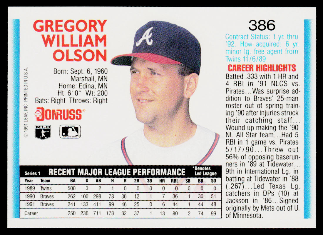 Greg Olson 1992 Donruss #386 Atlanta Braves