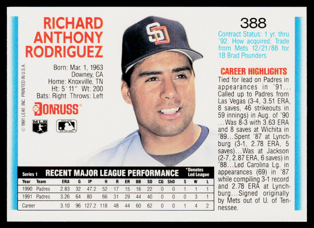 Rich Rodriguez 1992 Donruss #388b San Diego Padres
