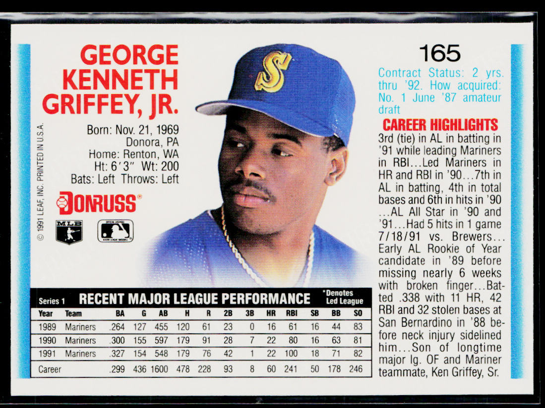 Ken Griffey, Jr. 1992 Donruss #165 Seattle Mariners