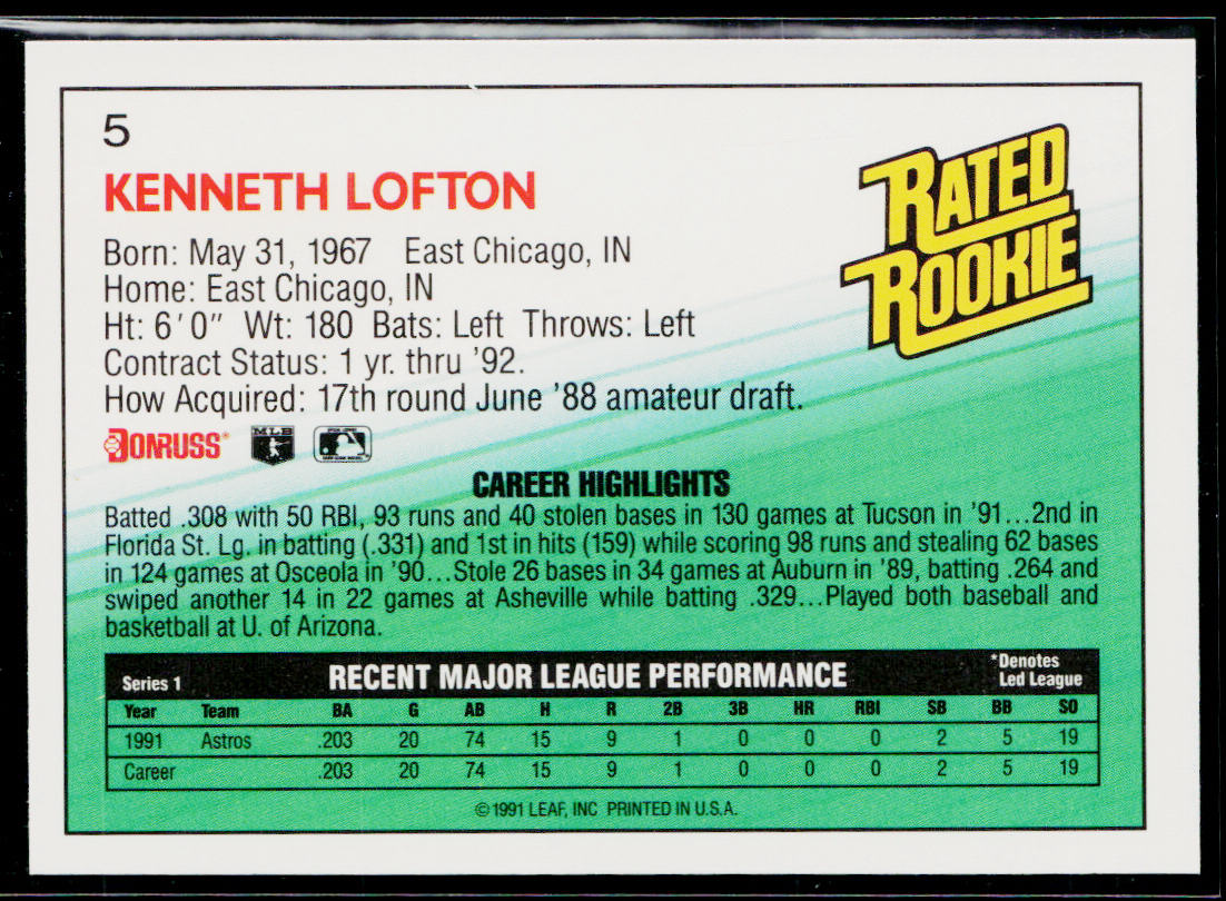 Kenny Lofton 1992 Donruss #5 Houston Astros