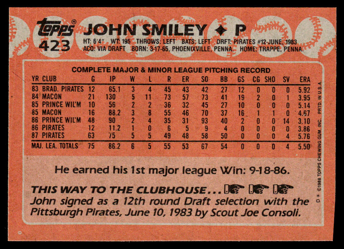 John Smiley 1988 Topps #423 RC Pittsburgh Pirates
