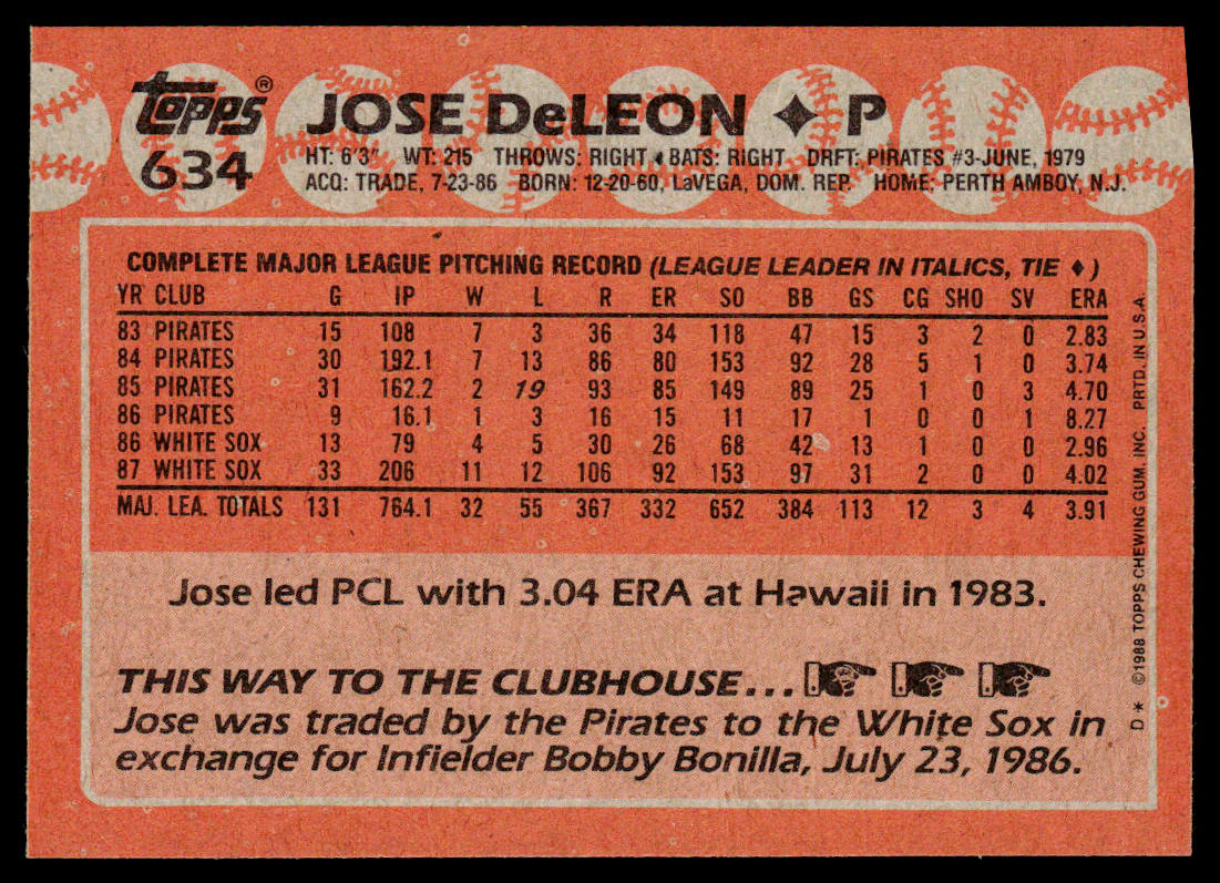 Jose DeLeon 1988 Topps #634 Chicago White Sox