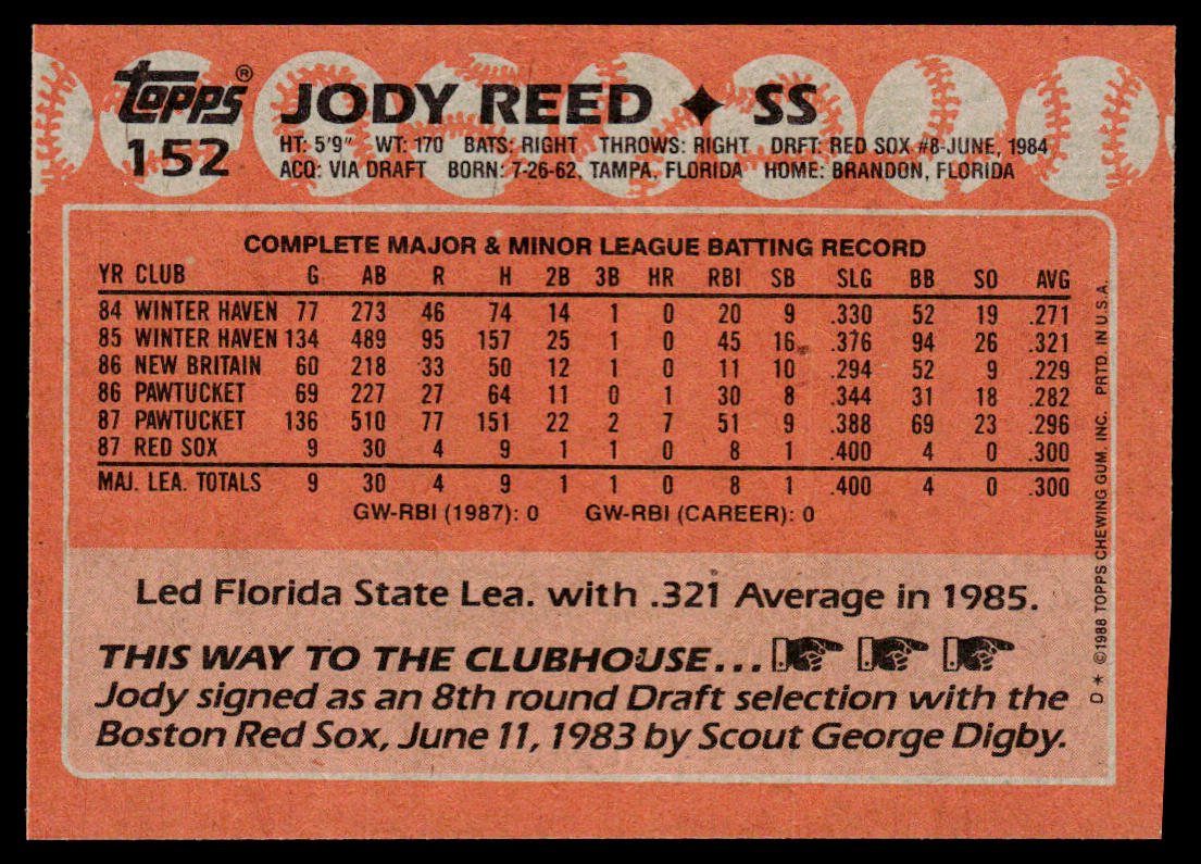 Jody Reed 1988 Topps #152 RC Boston Red Sox