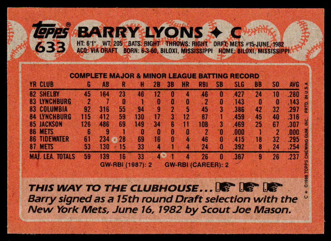 Barry Lyons 1988 Topps #633 RC New York Mets