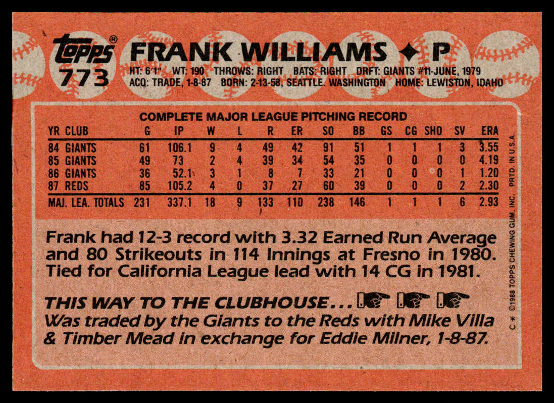 Frank Williams 1988 Topps #773 Cincinnati Reds