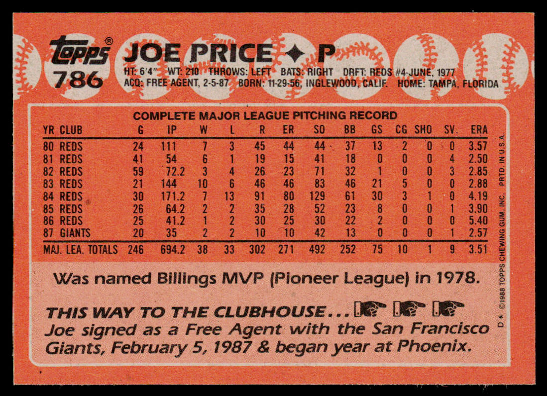 Joe Price 1988 Topps #786 San Francisco Giants