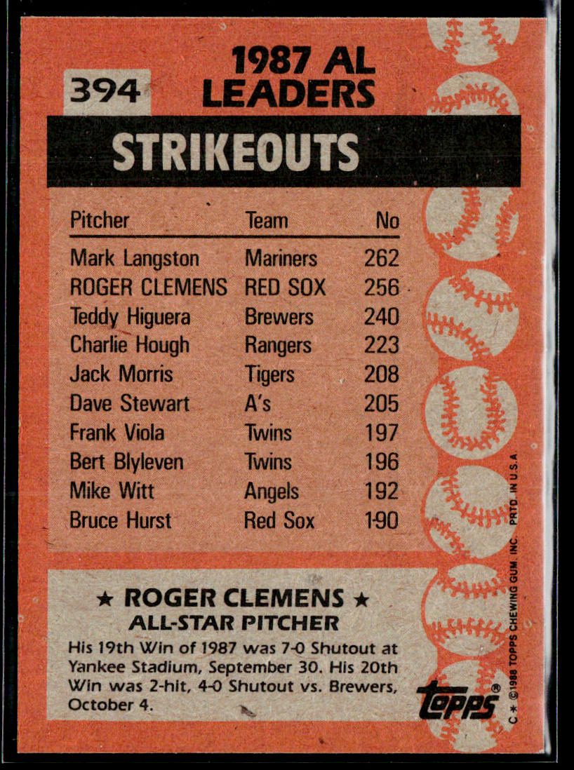 Roger Clemens 1988 Topps #394 Boston Red Sox