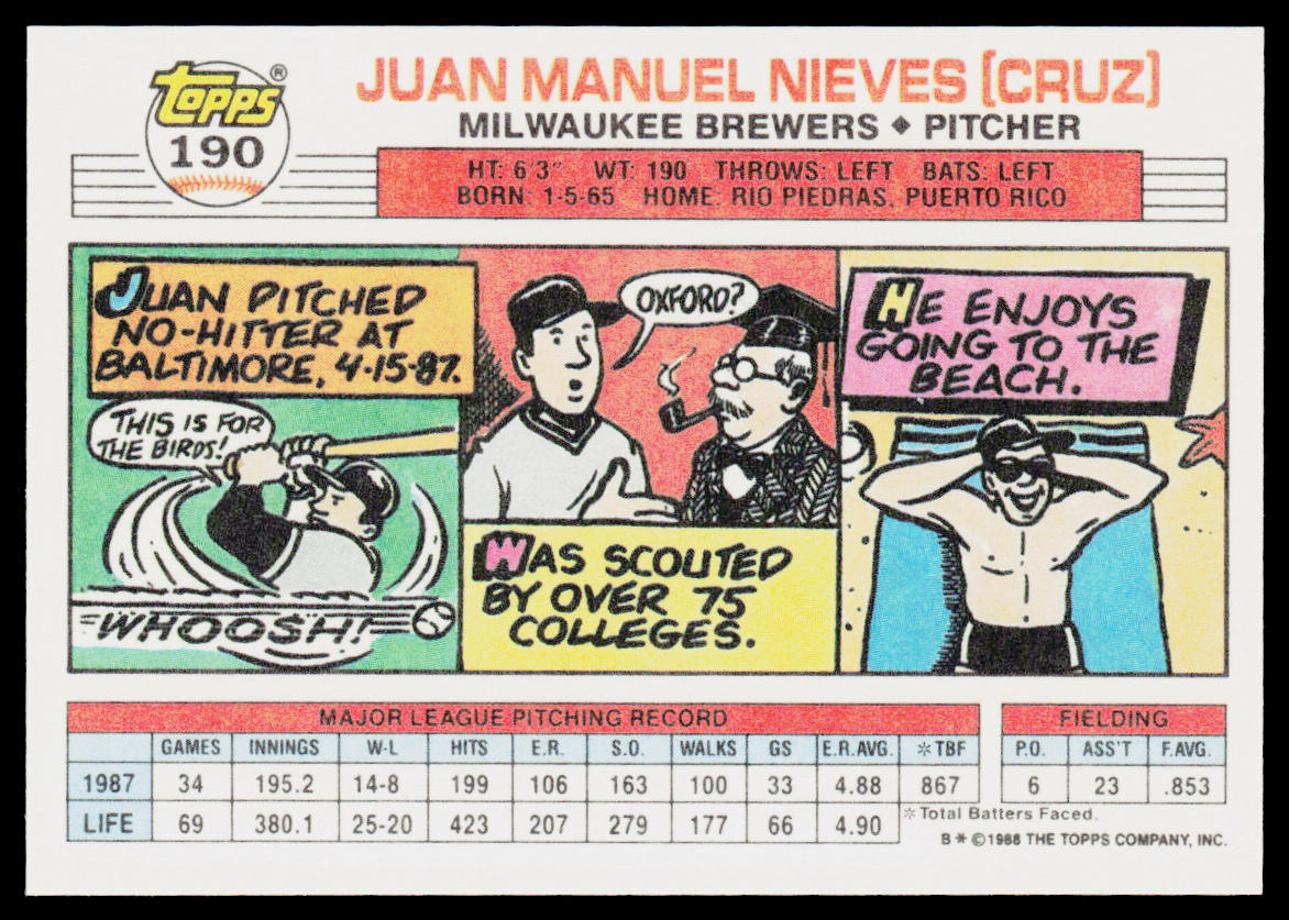 Juan Nieves 1988 Topps Big #190a Milwaukee Brewers