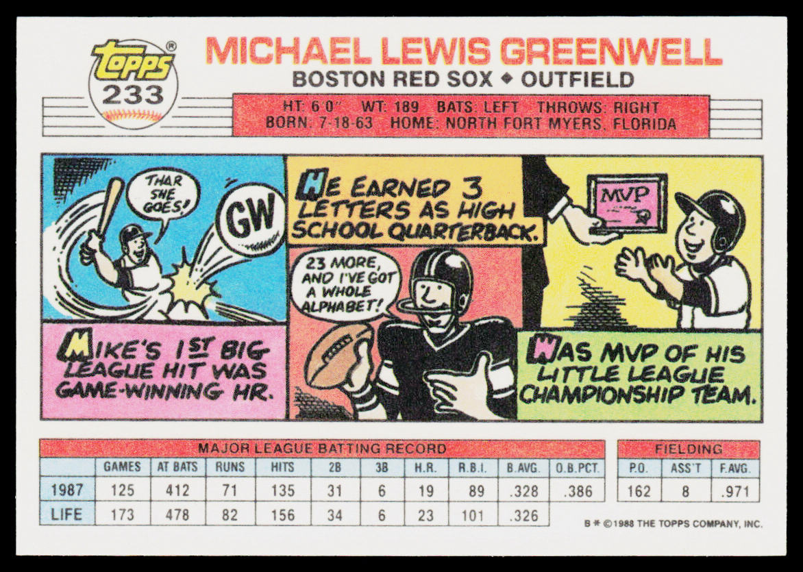 Mike Greenwell 1988 Topps Big #233b Boston Red Sox
