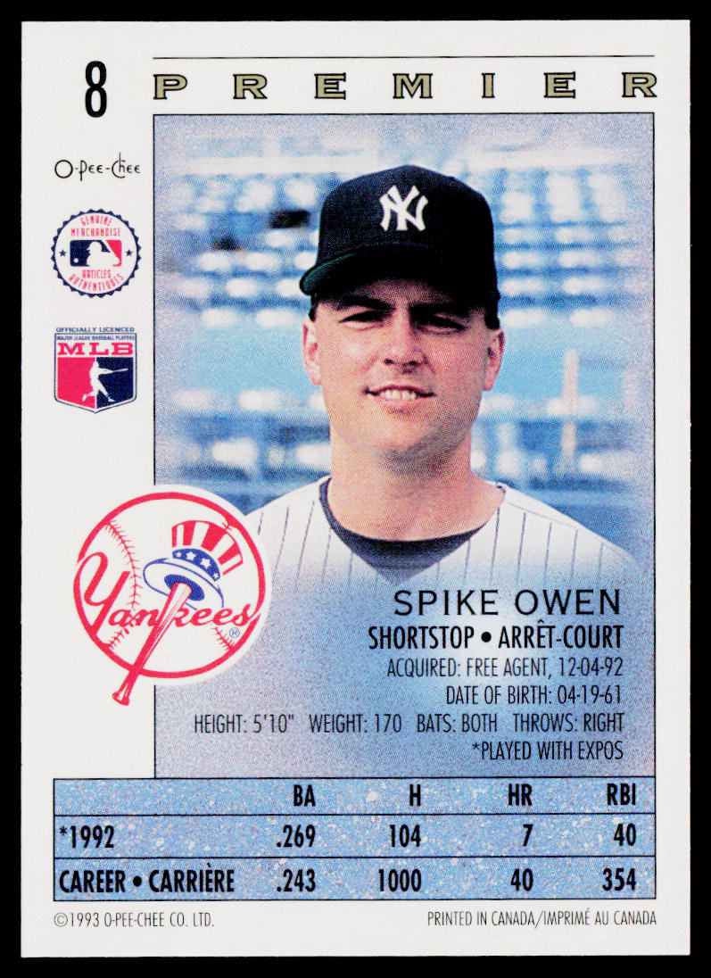 Spike Owen 1993 O-Pee-Chee Premier #8 New York Yankees