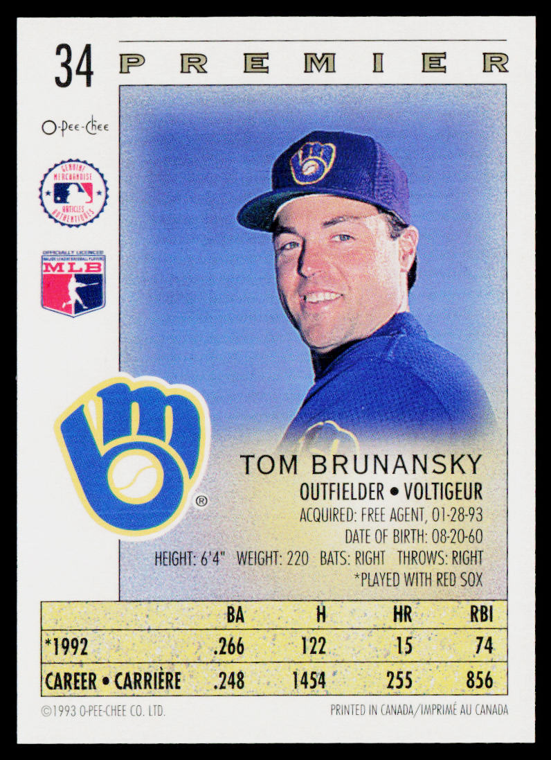 Tom Brunansky 1993 O-Pee-Chee Premier #34 Milwaukee Brewers