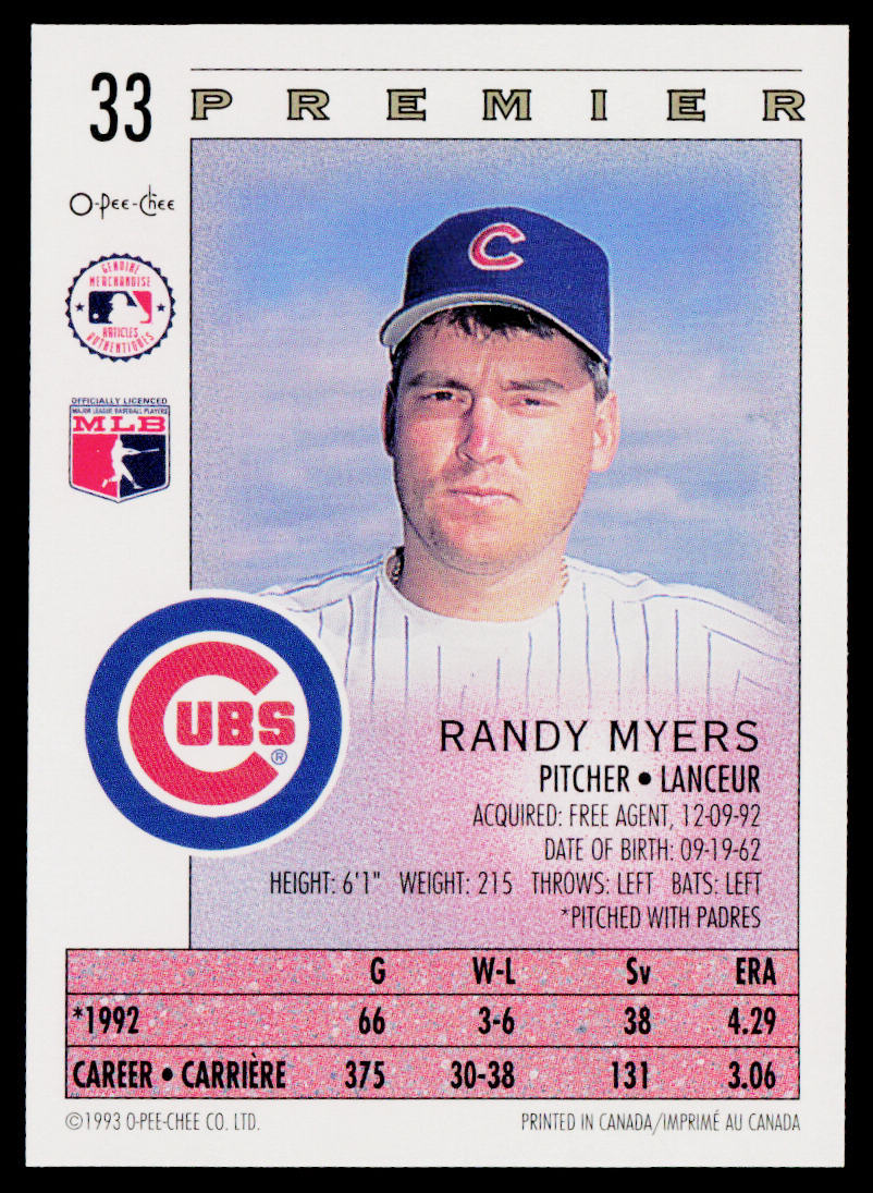 Randy Myers 1993 O-Pee-Chee Premier #33 Chicago Cubs