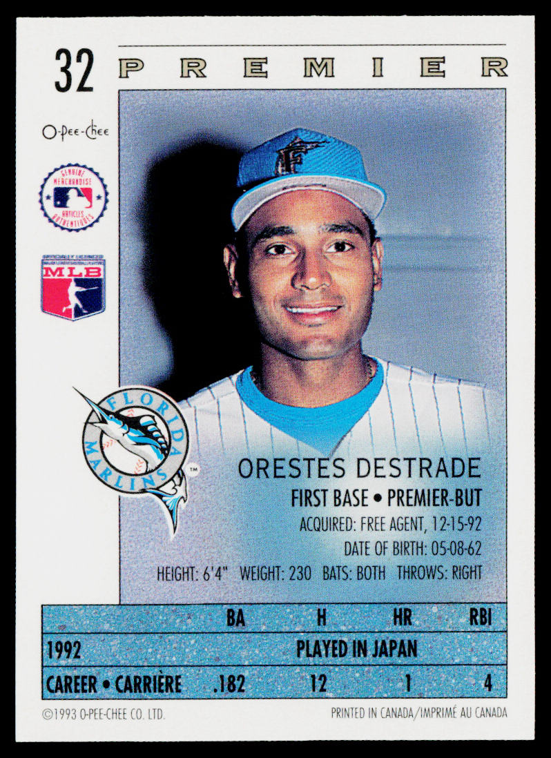 Orestes Destrade 1993 O-Pee-Chee Premier #32 Florida Marlins