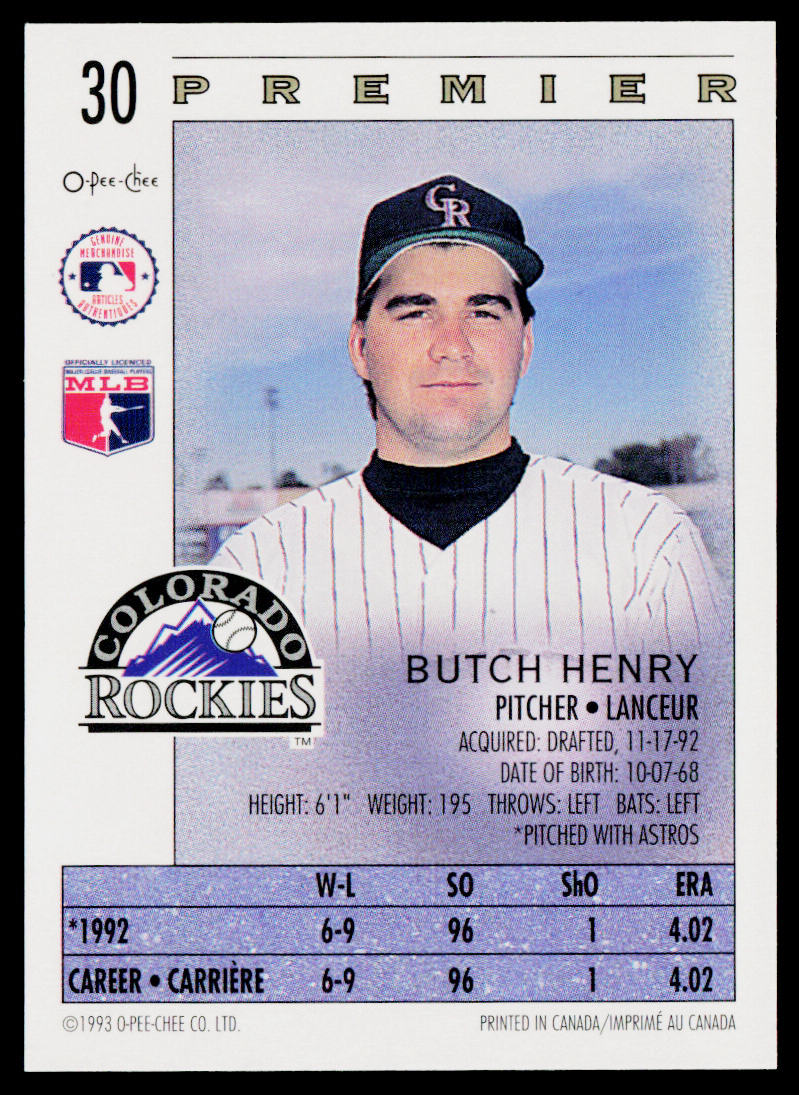 Butch Henry 1993 O-Pee-Chee Premier #30 Colorado Rockies