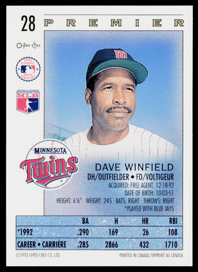 Dave Winfield 1993 O-Pee-Chee Premier #28 Minnesota Twins