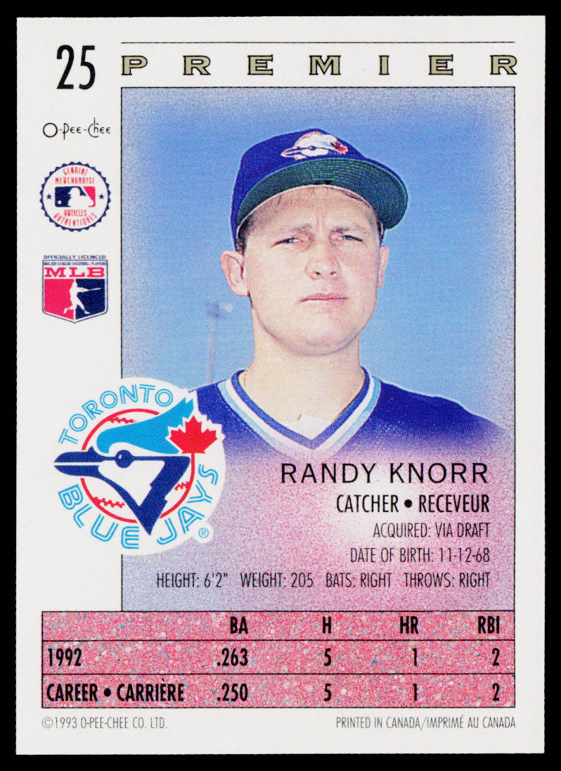 Randy Knorr 1993 O-Pee-Chee Premier #25 Toronto Blue Jays