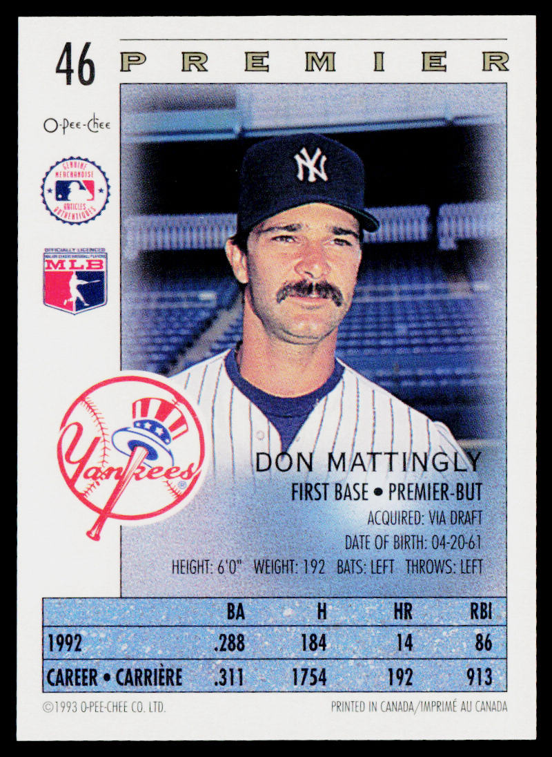 Don Mattingly 1993 O-Pee-Chee Premier #46 New York Yankees