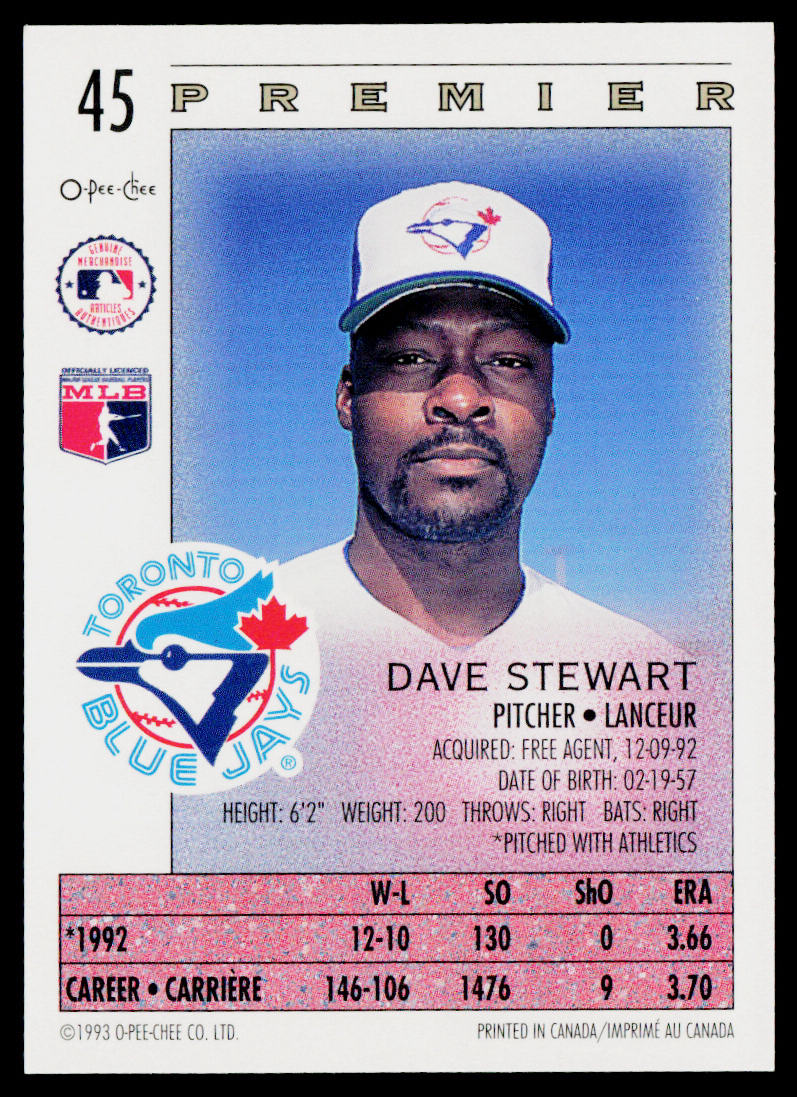 Dave Stewart 1993 O-Pee-Chee Premier #45 Toronto Blue Jays