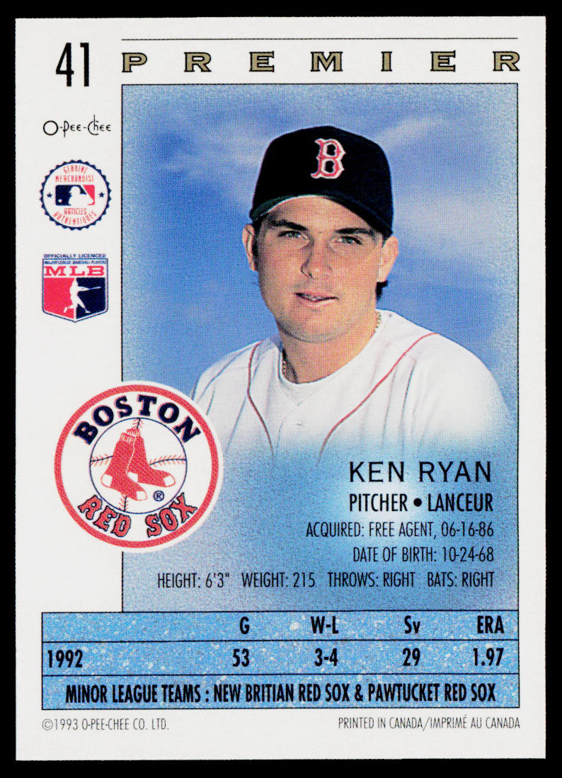 Ken Ryan 1993 O-Pee-Chee Premier #41 RC Boston Red Sox
