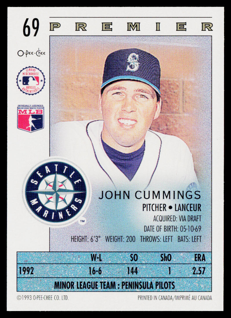 John Cummings 1993 O-Pee-Chee Premier #69 RC Seattle Mariners