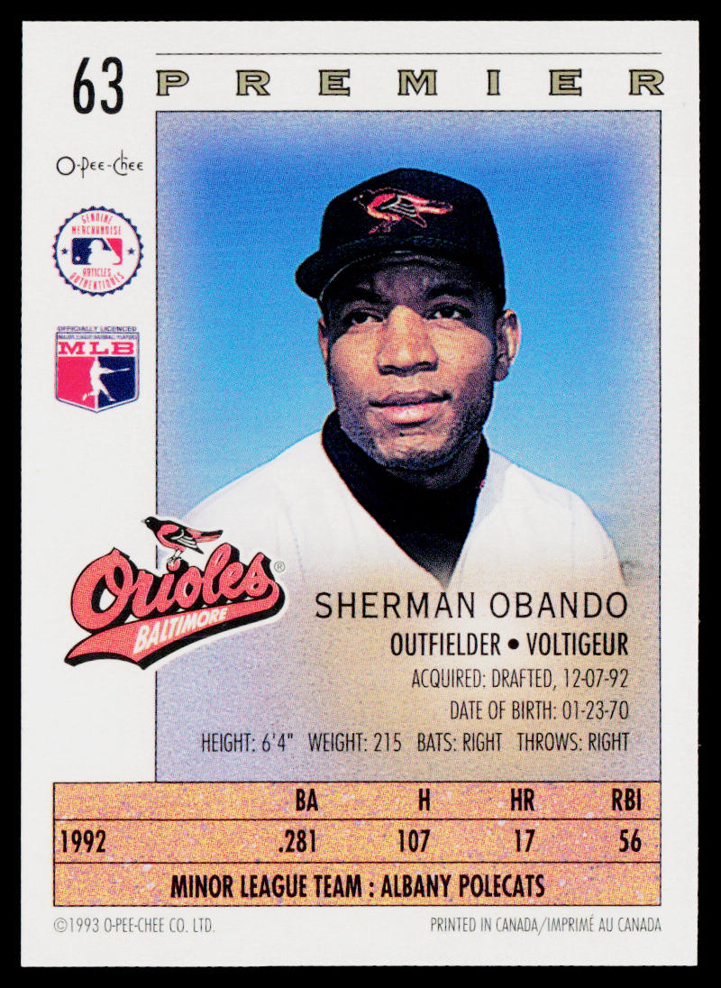 Sherman Obando 1993 O-Pee-Chee Premier #63 RC Baltimore Orioles