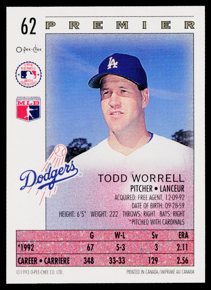 Todd Worrell 1993 O-Pee-Chee Premier #62 Los Angeles Dodgers
