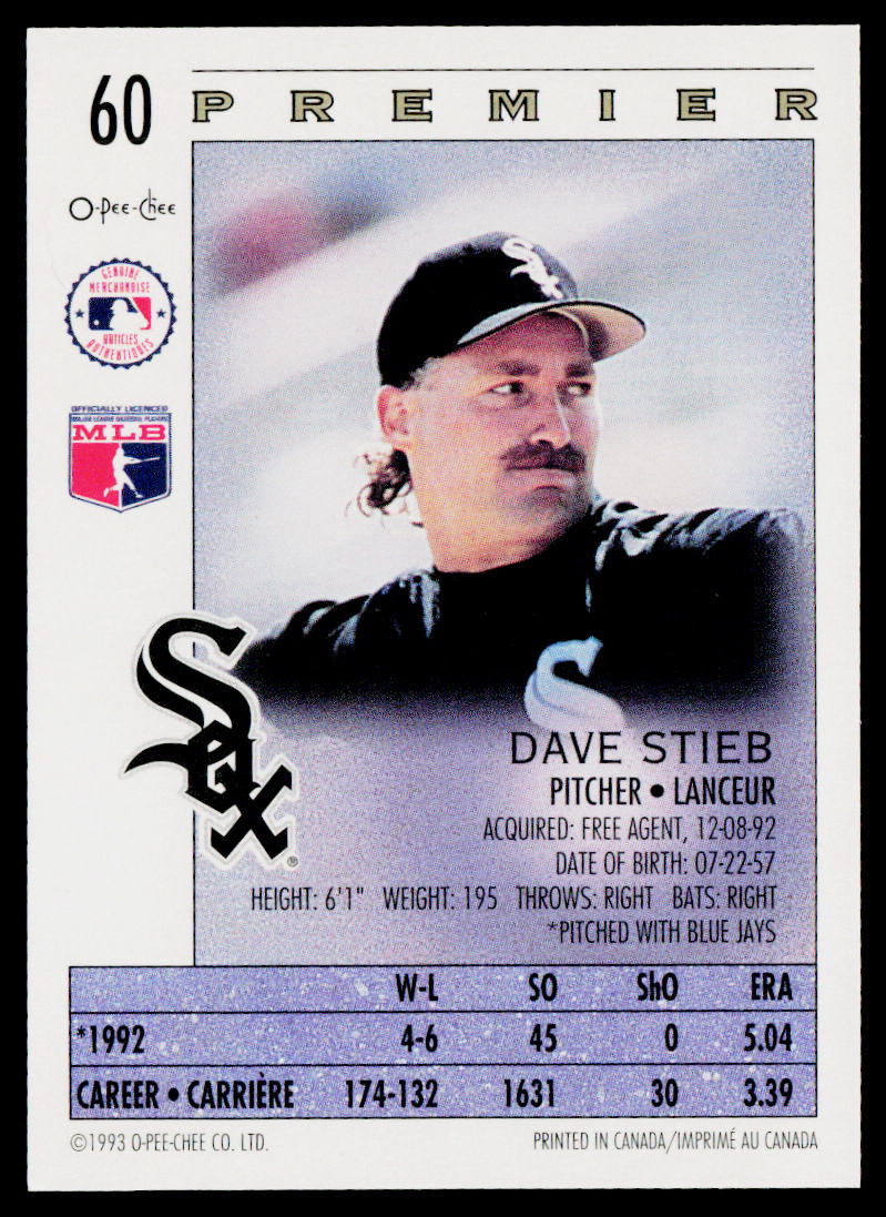 Dave Stieb 1993 O-Pee-Chee Premier #60 Chicago White Sox