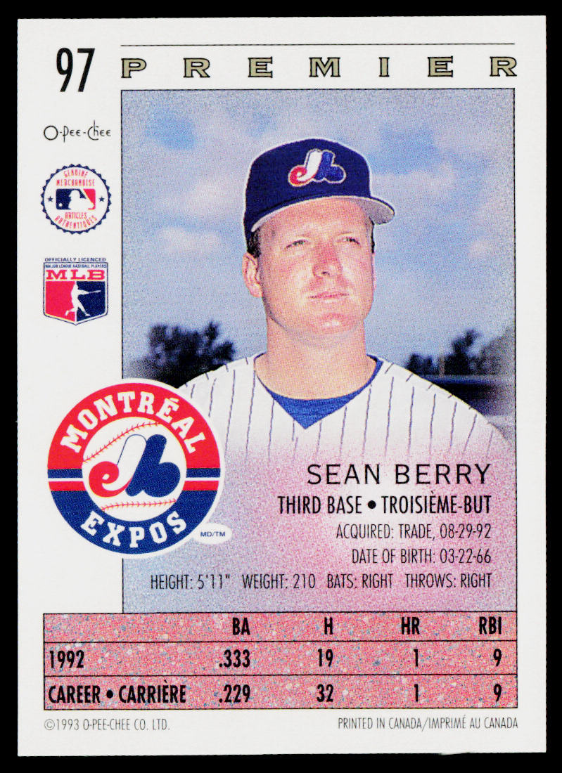 Sean Berry 1993 O-Pee-Chee Premier #97 Montreal Expos
