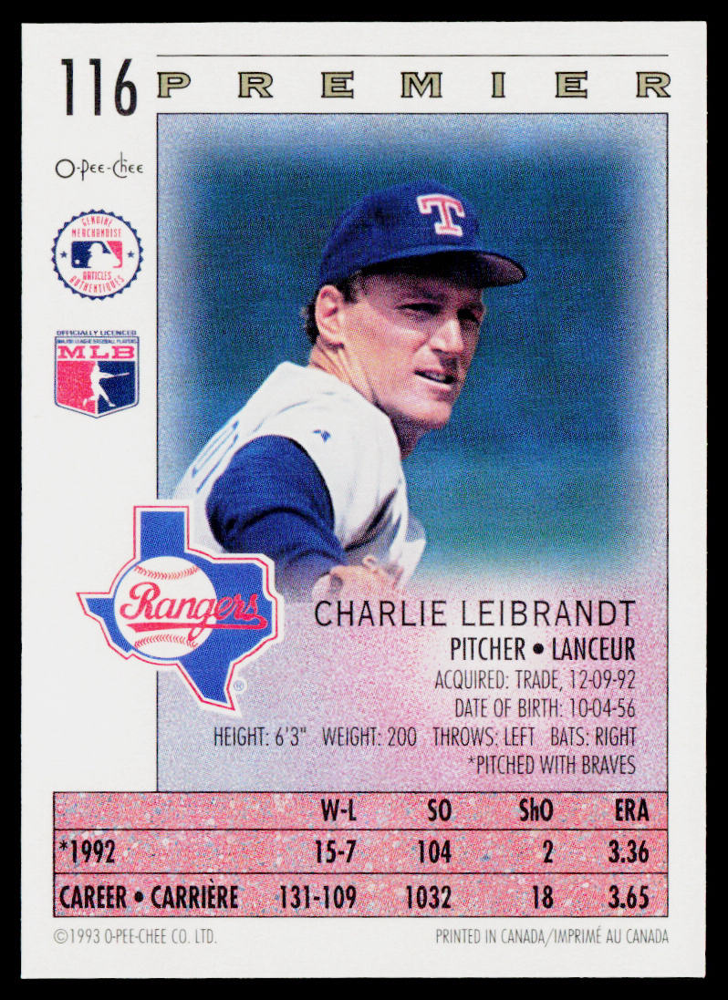 Charlie Leibrandt 1993 O-Pee-Chee Premier #116 Texas Rangers