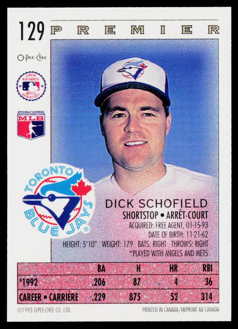 Dick Schofield 1993 O-Pee-Chee Premier #129 Toronto Blue Jays