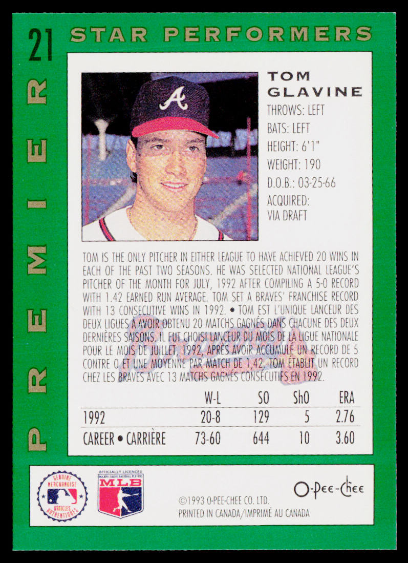 Tom Glavine 1993 O-Pee-Chee Premier Star Performers #21 Atlanta Braves