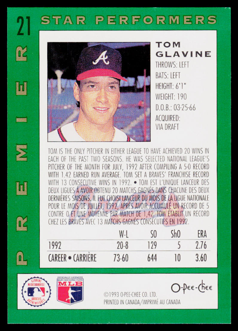 Tom Glavine 1993 O-Pee-Chee Premier Star Performers Foil #21 Atlanta Braves