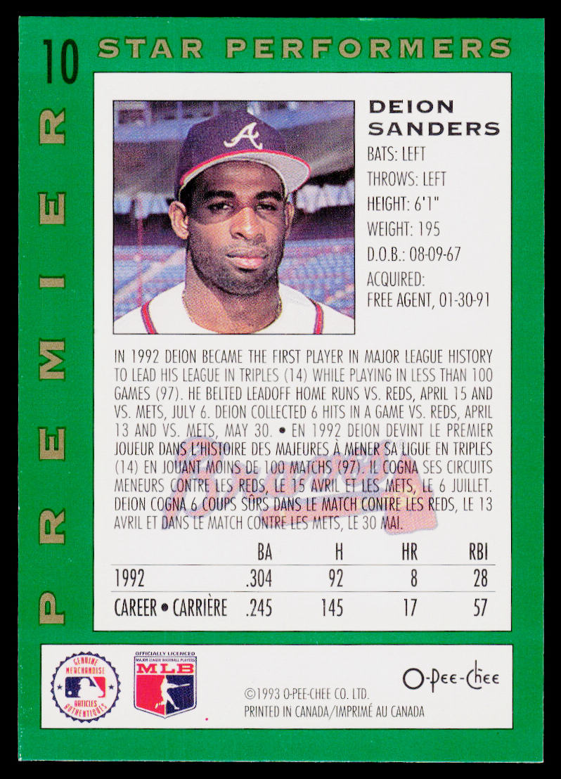 Deion Sanders 1993 O-Pee-Chee Premier Star Performers #10 Atlanta Braves