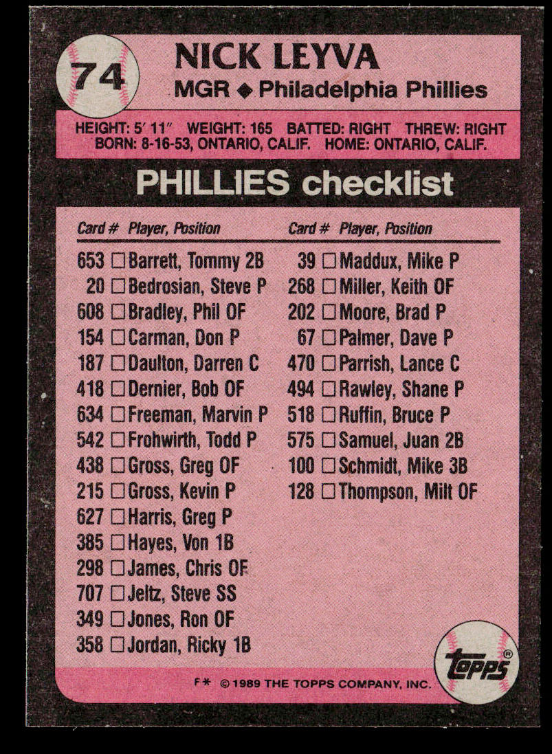 Nick Leyva 1989 Topps #74 Philadelphia Phillies
