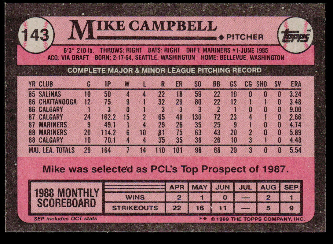 Mike Campbell 1989 Topps #143 Seattle Mariners