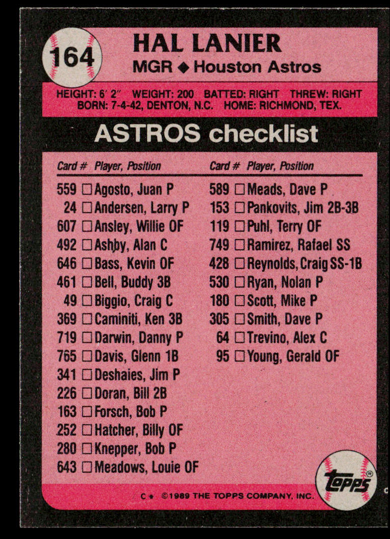 Hal Lanier 1989 Topps #164 Houston Astros