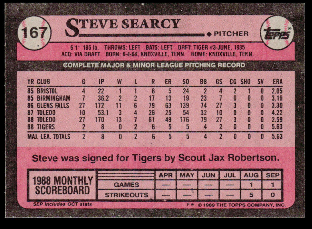 Steve Searcy 1989 Topps #167b Detroit Tigers