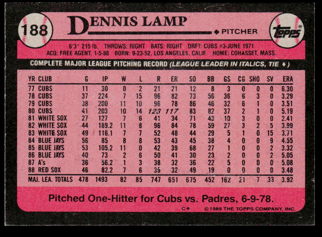 Dennis Lamp 1989 Topps #188 Boston Red Sox