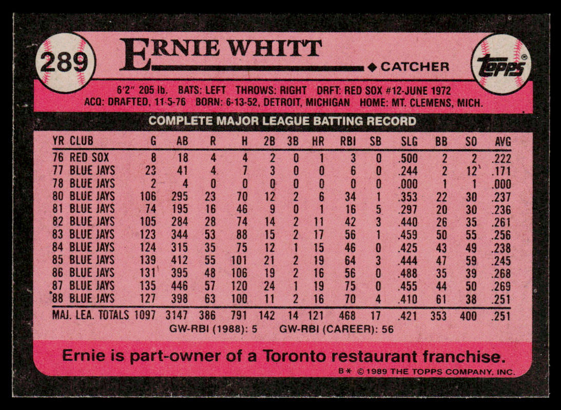 Ernie Whitt 1989 Topps #289 Toronto Blue Jays