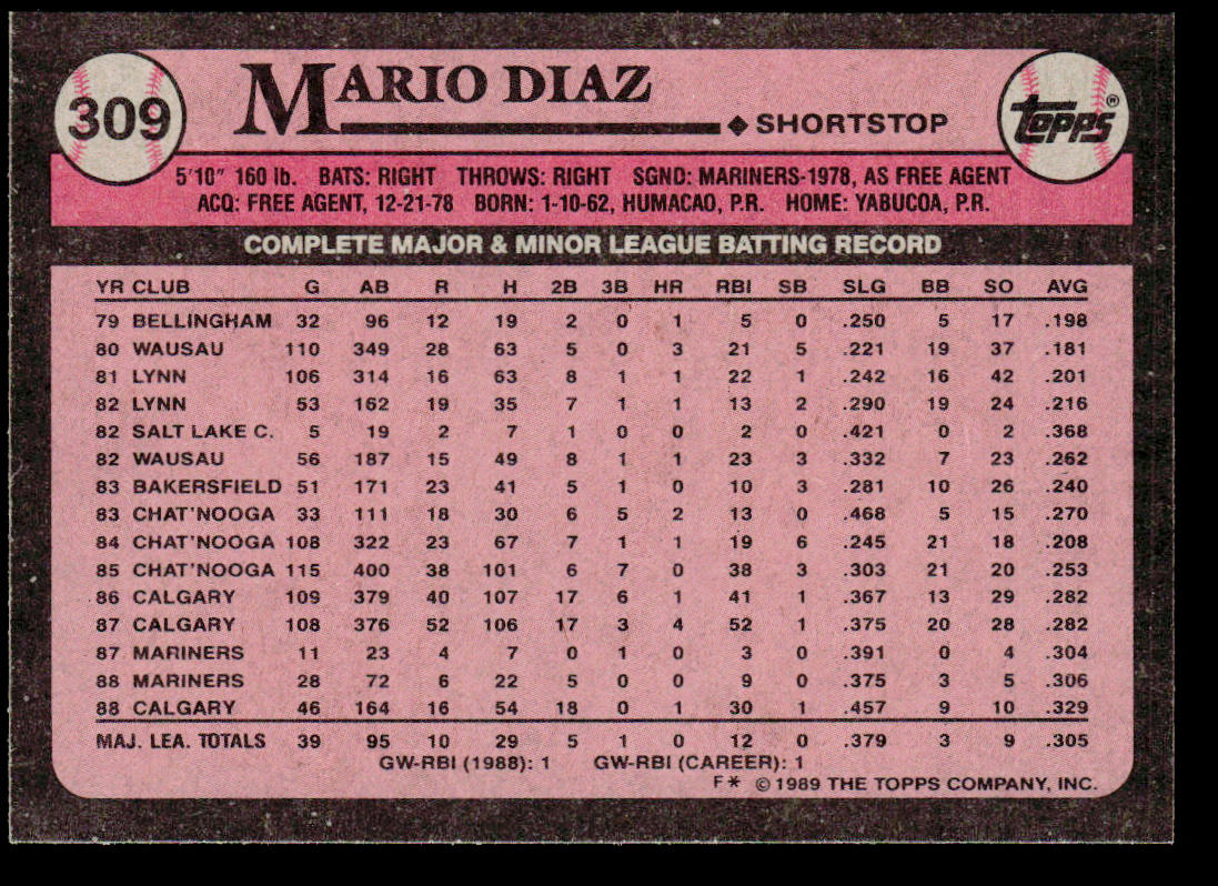 Mario Diaz 1989 Topps #309 Seattle Mariners