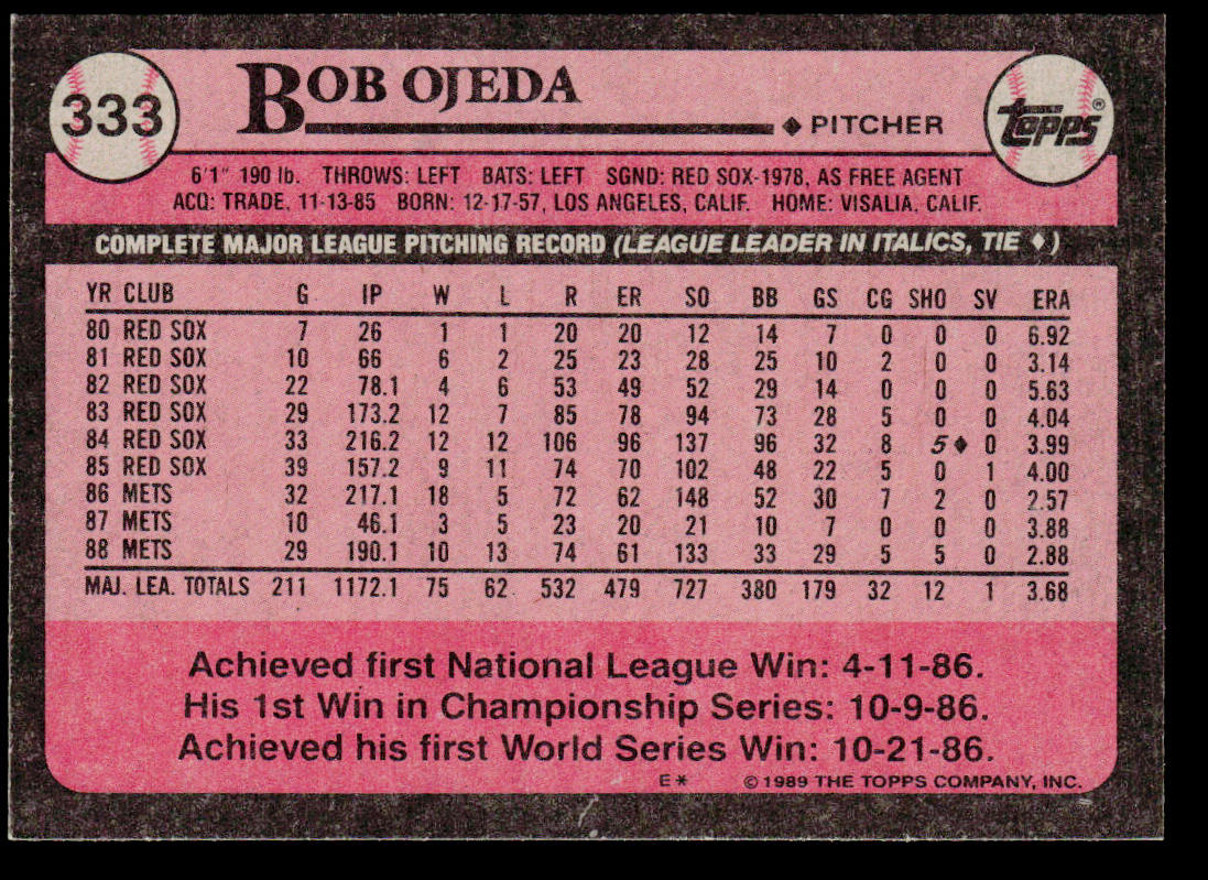 Bob Ojeda 1989 Topps #333 New York Mets