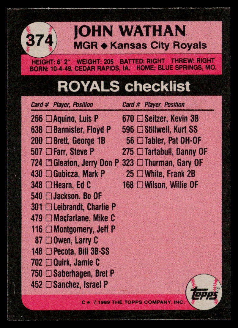 John Wathan 1989 Topps #374 Kansas City Royals